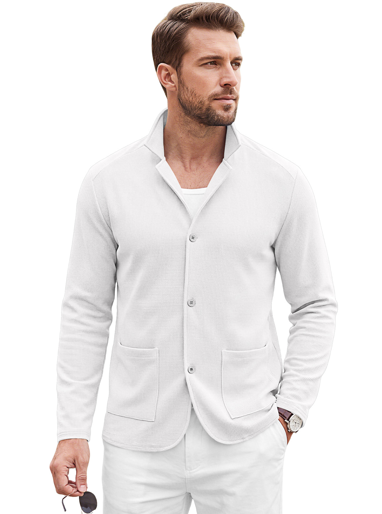 Men's Waffle Knit Cardigan Jacket, Lapel Collar Single Breasted Long Sleeve Casual Blazer, Outdoor Solid Color Lightweight Knitted Coat for Spr