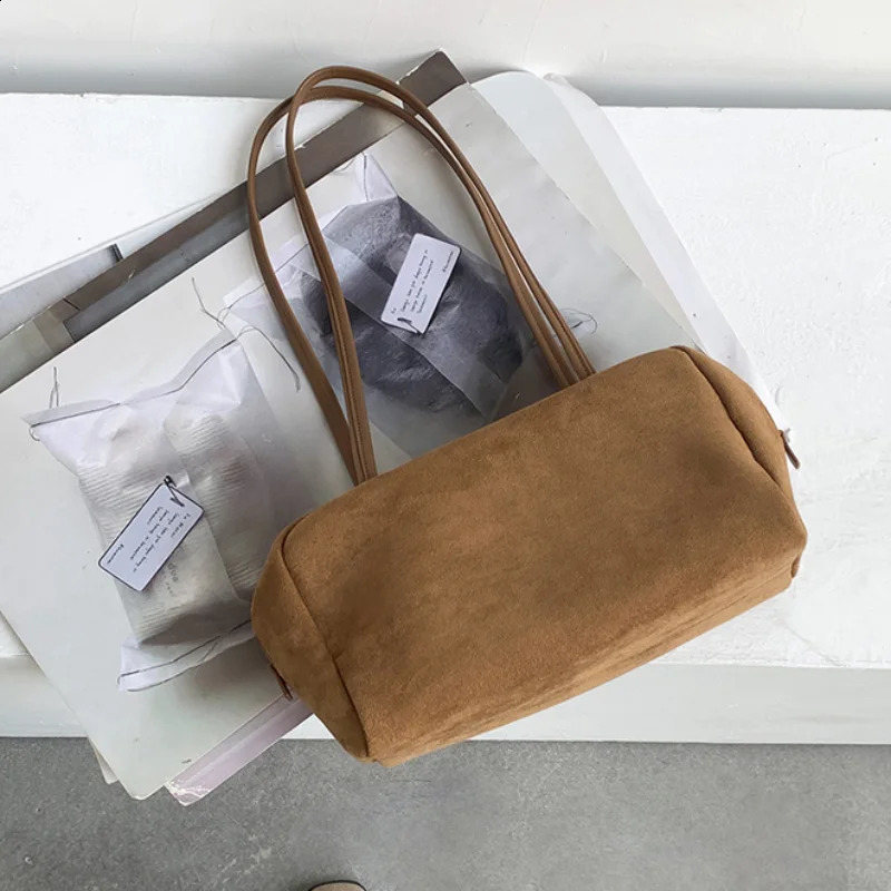Soft Suede Boston Shoulder Bag Minimalist Solid Color Bowling Handbag Casual Underarm Bag Lightweight Daily Trendy Tote 260917