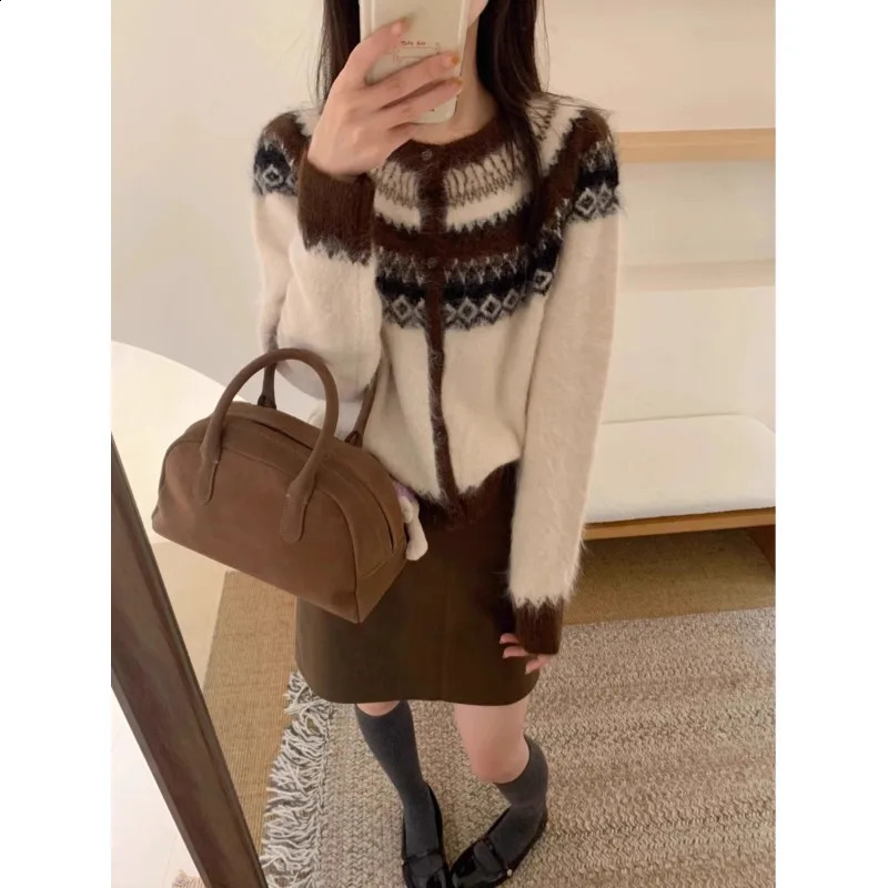 Women Fair Isle Sweater Soft Knit Roundd Neck Button-up Jacket Cozy Cardigan Teen-girl Fall Winter Nordic Vintage Outfit 260917
