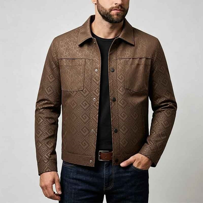 Designer Jacket Luxury Geometric Monogram Printed Faux Leather Men Coat Lapel Collar Button Up Thin Wrinkle Resistant Outerwear Urban Street Busines