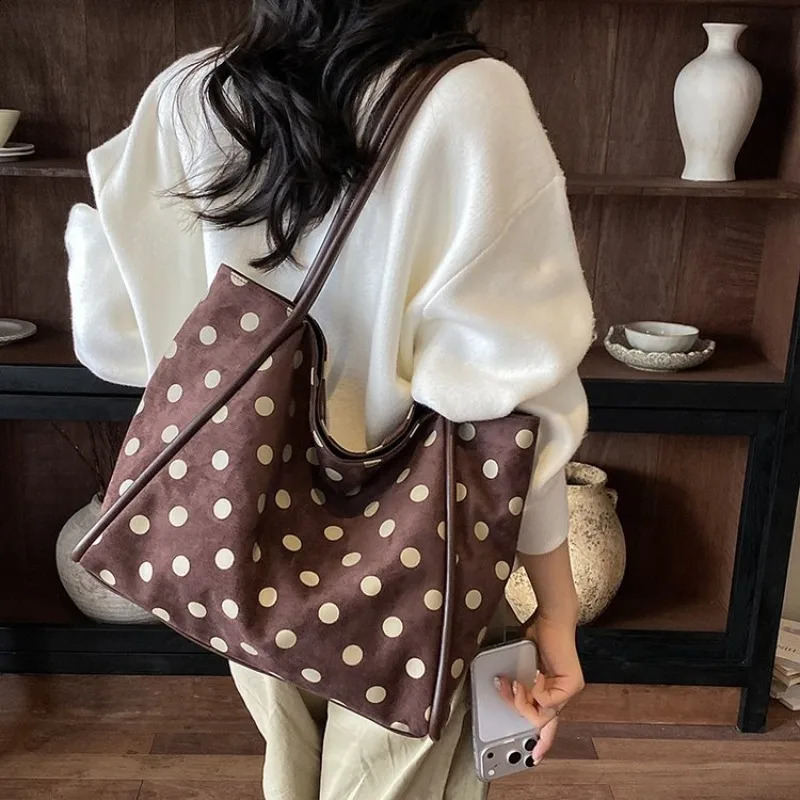 CEEKAY Women's Color Washed Faux Suede Polka Dot Tote Bag Large Capacity Versatile Everyday Commute Casual Minimalist Style 260917