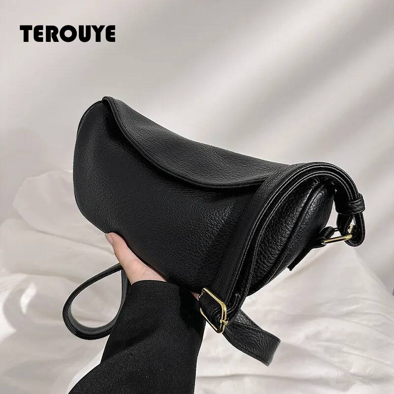 2026 New Women's Pebbled PU Leather Crescent Saddle Bag Flap Closure Adjustable Strap Minimalist Vintage Casual Daily Commuter Shoulder Handbag