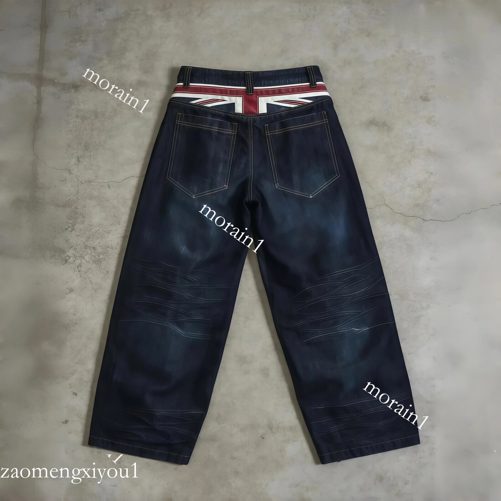 Men's Jaden Jeans Union Jack Waistband Wide Leg Men Dark Blue Oversized Distressed Y2K Casual Denim 0e