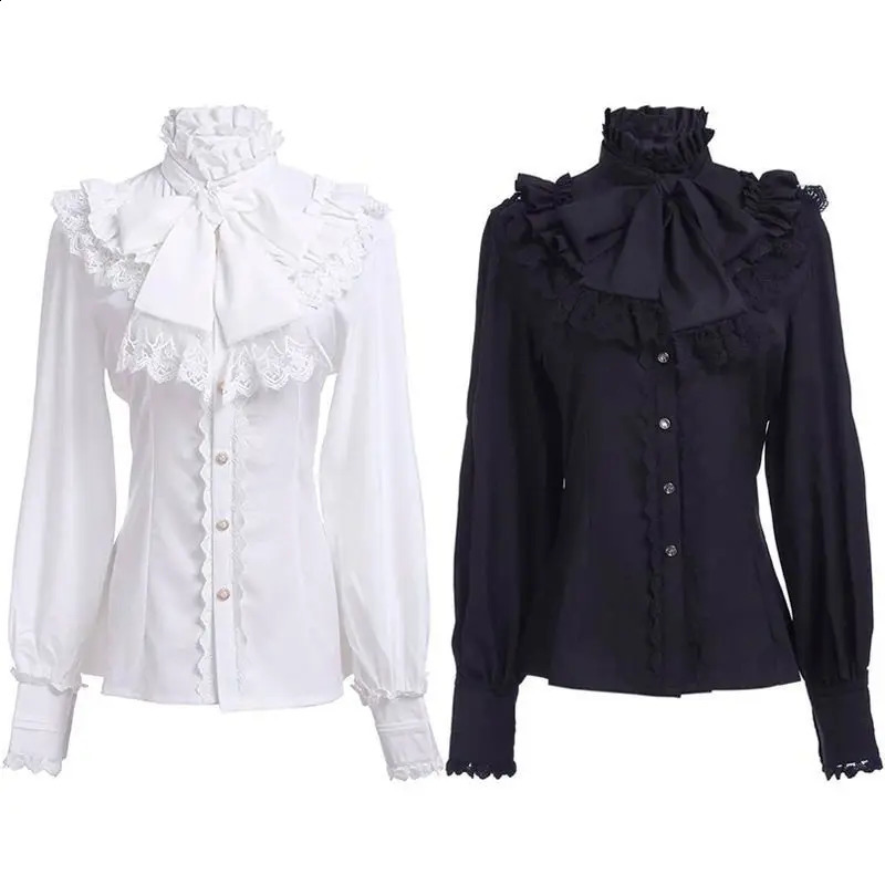 2026 Summer Arrival Women's Vintage Ruffle Collar Shirt High Neck Lace Trim Button Down Shirt Elegant Gothic Blouse Tops 260917