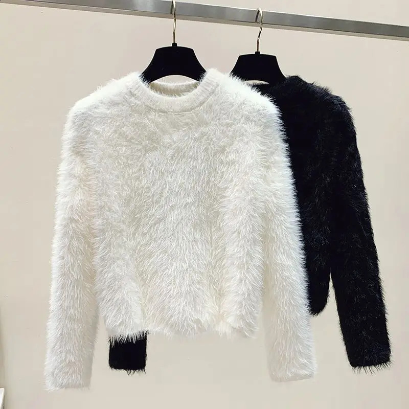 Fuzzy Sweater Pullover Women Soft Plush Solid Color Simple Sweater White Mink Fur Sweet Loose-Fit Warm Sweaters Knitwear Jumpers 260917