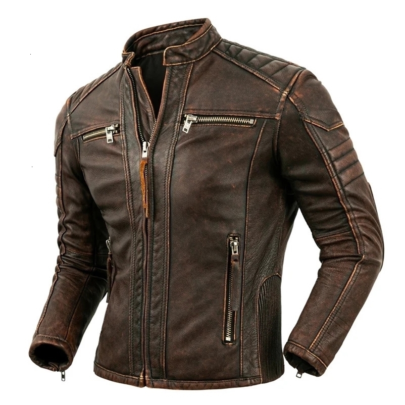 Men's Natural Leather Jacket First Layer Calfskin Stand Collar Motorcycle Retro Brown Cowhide Mens Biker Clothes 260917