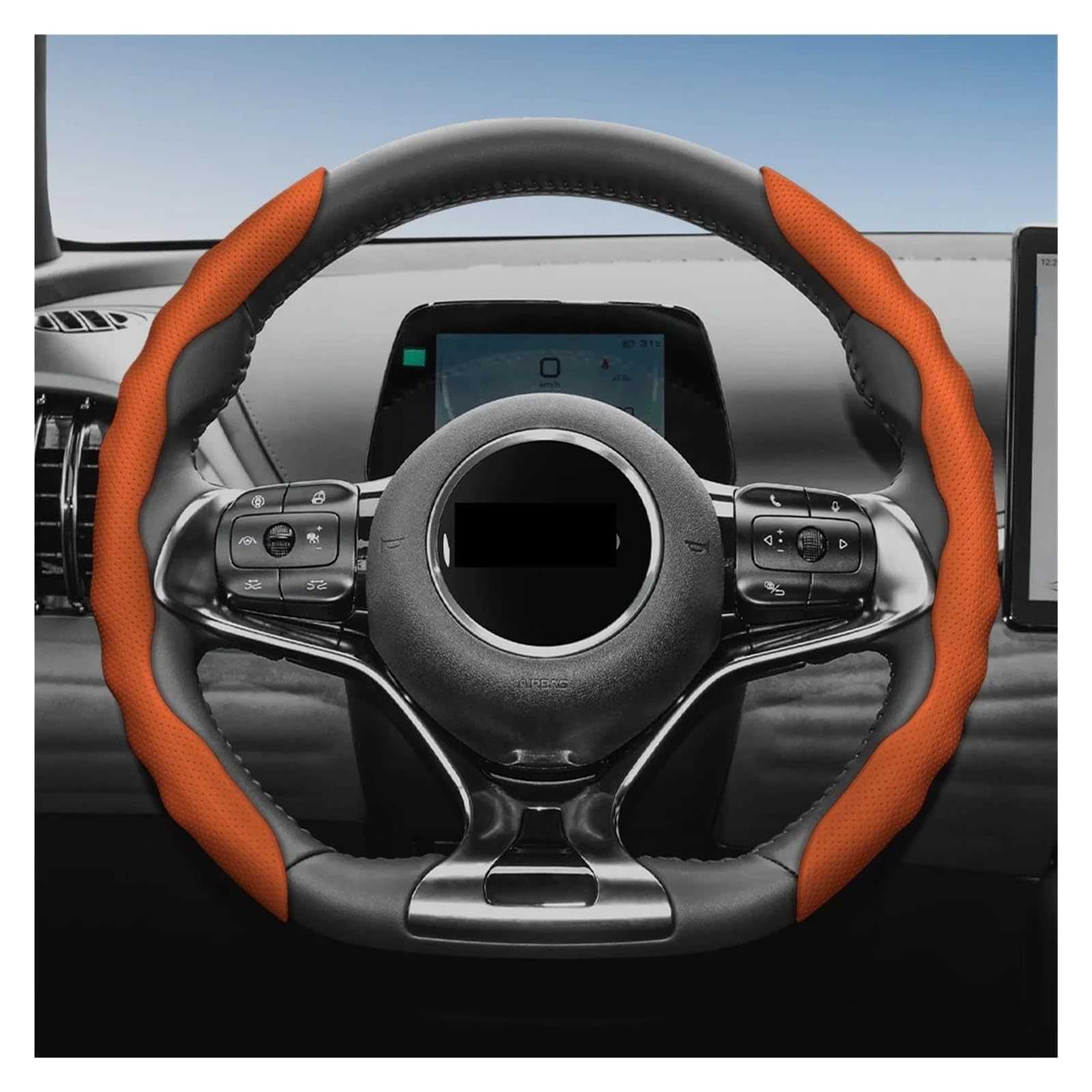 Card-style steering wheel cover segmented with anti-slip Nappa leather perforated design and snap-on closure suitable for all seasons and all types
