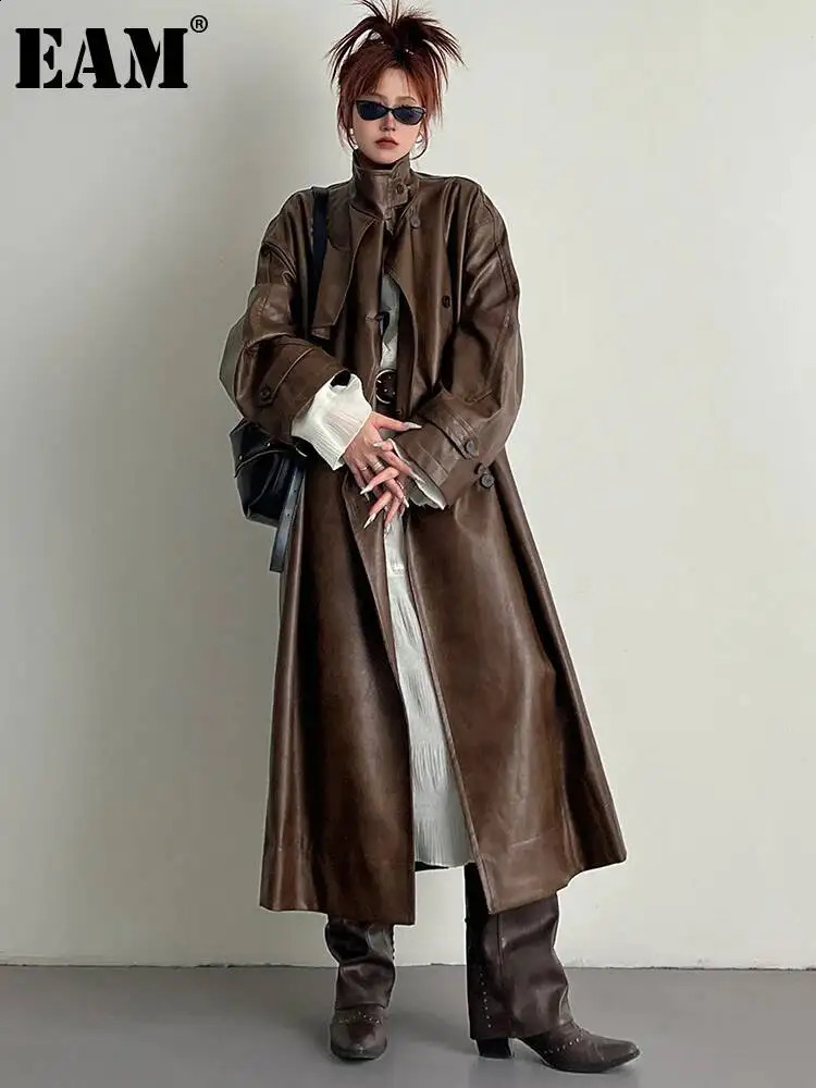 EAM Women Brown Big Size PU Leather Long Trench Stand Collar Long Sleeve Windbreaker Fashion Spring Autumn 2026 30A4010 260917