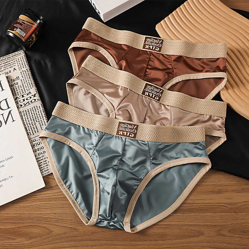 3PCS/Pack Satin-like Sexy Underpants Men's Briefs Smooth Cool Ice Silk Quick-dry Panties 3D Mesh Breathable Crotch Man Undrewear D260918