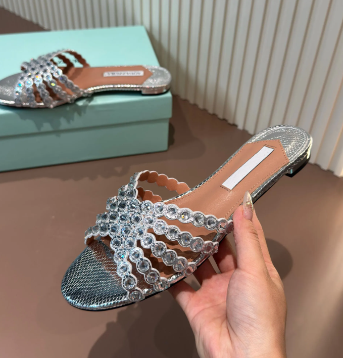 Shoes Women's Crystal Slippers Low Heels Genuine Leather Summer Slides Leisure Luxury Designer Shoes Zapatos De Mujer Size35-43