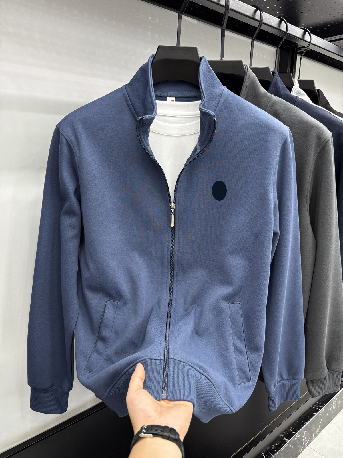 Men's Designer Heavyweight Pony Embroidered Zip-Up Jacket - Preppy Sporty Print Stand Collar Cardigan Casual Hoodless Loose Long Sleeve Coat