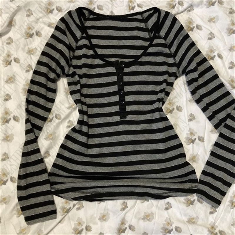 Gothic Subculture Punk T-shirt Fashion Stripes Aesthetic Long Sleeve Soft Y2K Harajuku Woman Clothing emo Tops Slim Pullover Tee 260917