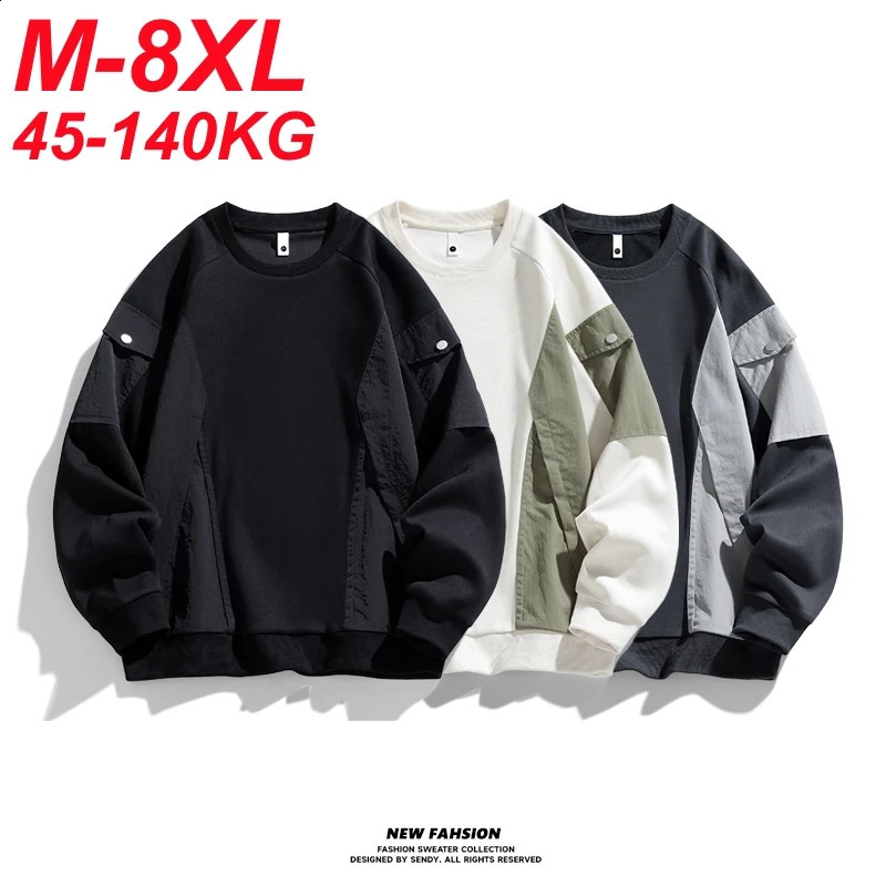 Spring Men Sweatshirts Pockets Patchwork Streetwear Oversized 6XL 7XL 8XL Big Size Long Sleeve Loose Pullover Sportswear 260918