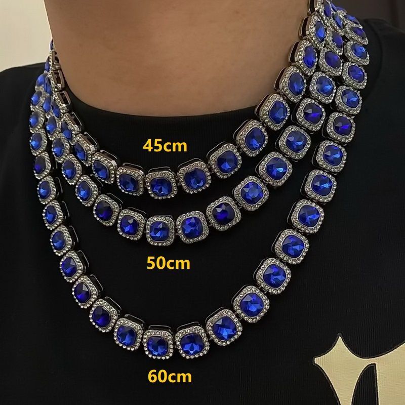 Blue Stone Sugar Cube Necklace American Street Rap INS Diamond-Encrusted Light Luxury Hip-Hop Couple's Niche Accessory