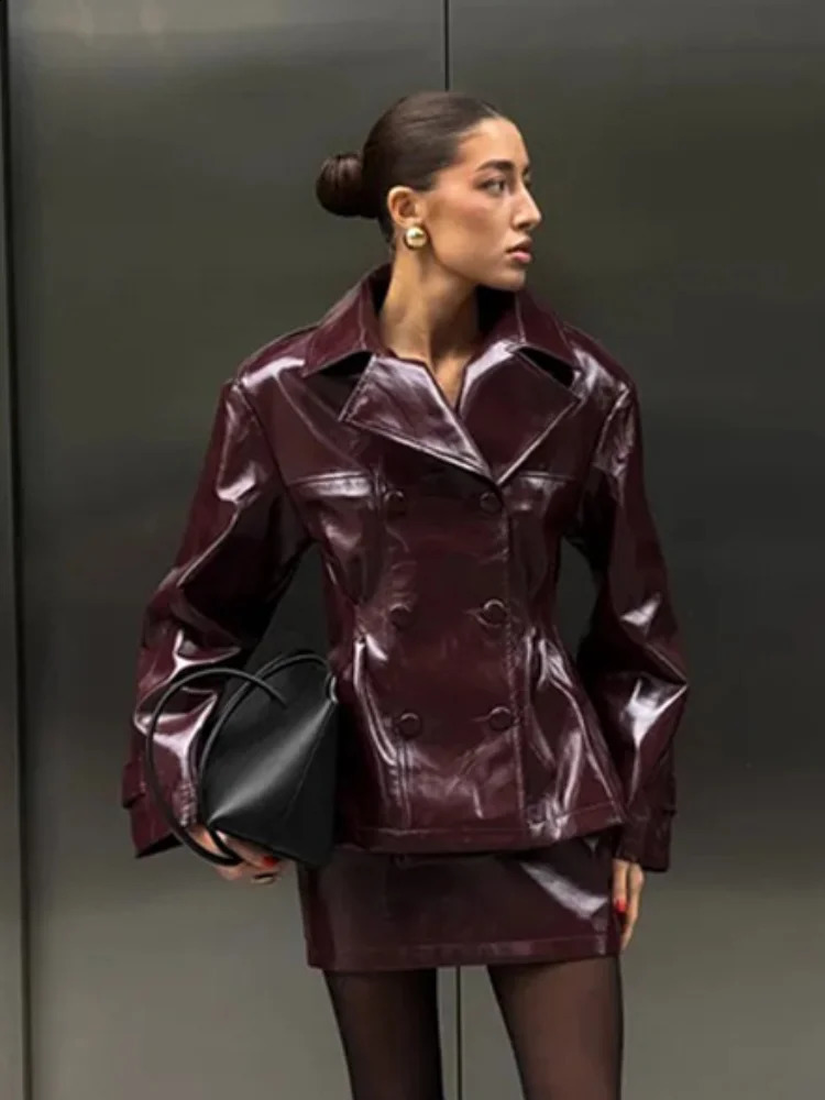 Street Pu Leather Women's Mini Skirt Set Lapel Neck Full Sleeve Double Breasted Coat Suit Early Autumn Female Street Outfit 260917
