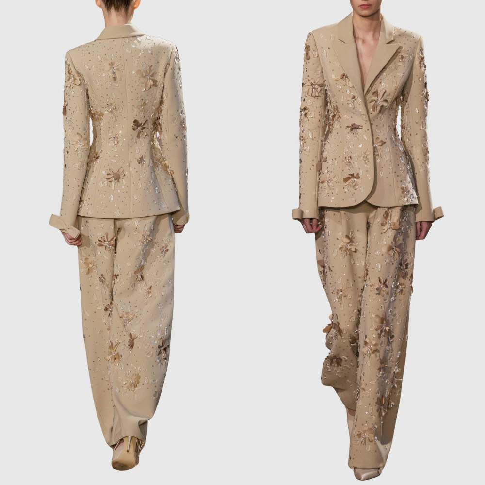 Luxury 3D Floral Applique Women Pants Suit Beaded Slim Fit Blazer Pants 2 Piece Sets Formal Evening Party Jackets Outfit Customized