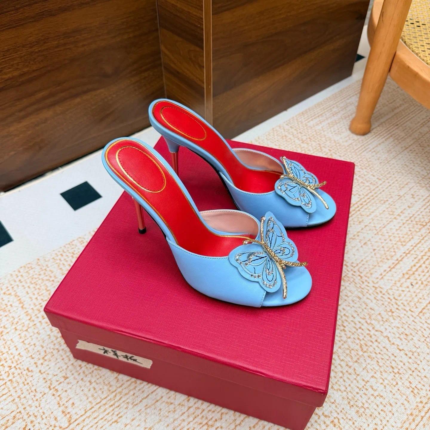 Butterfly Embroidery Embellished High Heel Leather Mules Luxury designer women round toe stiletto heel sandals Elegant fashion ladies party shoes Le