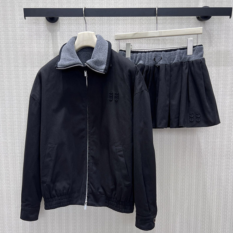 Street Style Women Fleece Jacket Skirt Suit Lapel Collar Loose Zipper Outwear Elastic Drawstring Pleated Mini Skirt Autumn Outdoor Stroll Vintage Sk