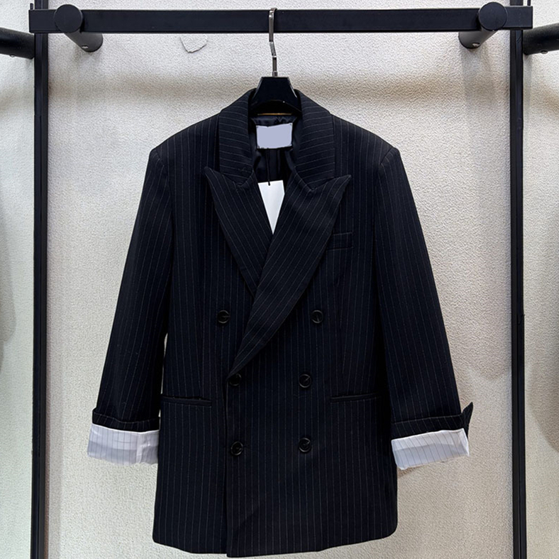 Luxury Women Striped Suit Coat Formal Lapel Collar Straight Pleated Button Midi Outwear Designer Autumn Office Meeting Banquet Blazer