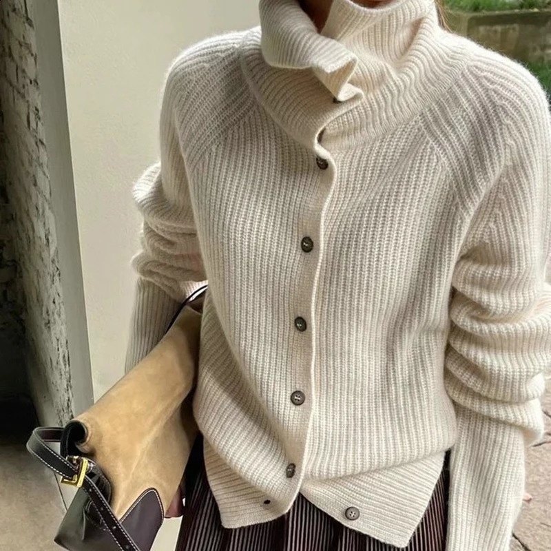 Korean Style High Neck Knitted Cardigans Vintage Casual Single Breasted Sweater Chic Solid Color Long Sleeved Knitwear Tops 260918