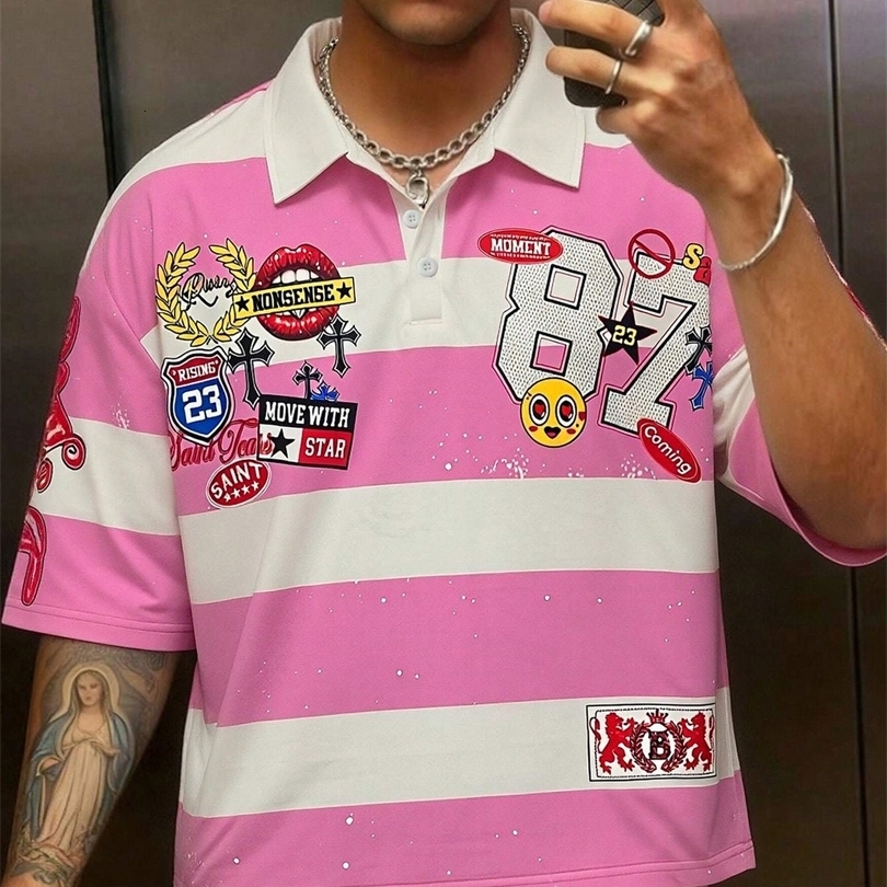 Summer Casual Graphic Pink Men'S Printed Long Sleeve Preppy Striped Polo Collar T-Shirt Casual Top 260917