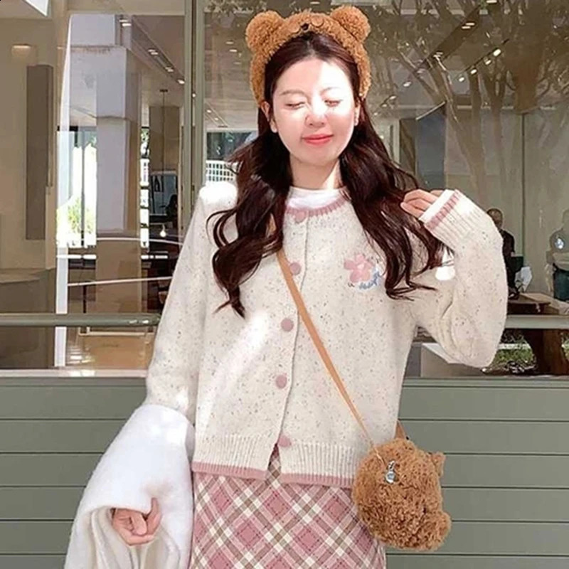 Women Flecked Knit Cardigan Floral Embroidery Contrast Trim Sweater Oversized Round Neck Y2K Coquette Winter Coat Top 260917