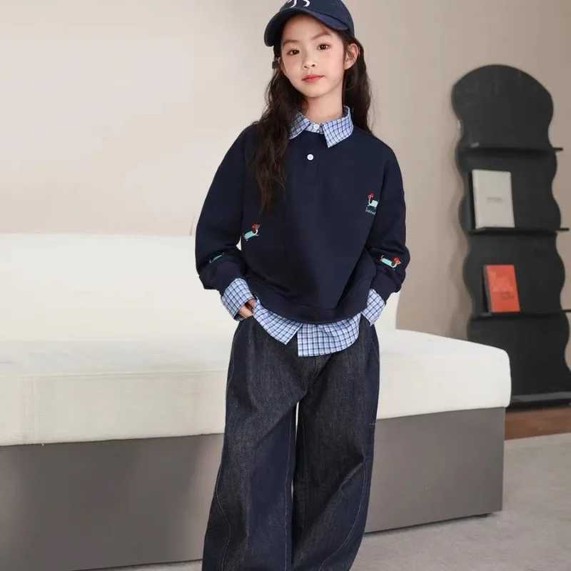 Korean Girls' 2025 New Spring/Autumn Sle Middle/Big Kids Two-piece Patchwork Plaid Shirt Collared SweatshirtW260917