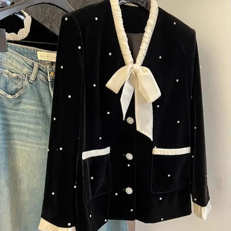 Vintage Pearl Beading Velvet Jacket Women's V-Neck Elegant Bow Single Breasted Coats Ruffle Patchwork Office Lady Outerwears Top 260917