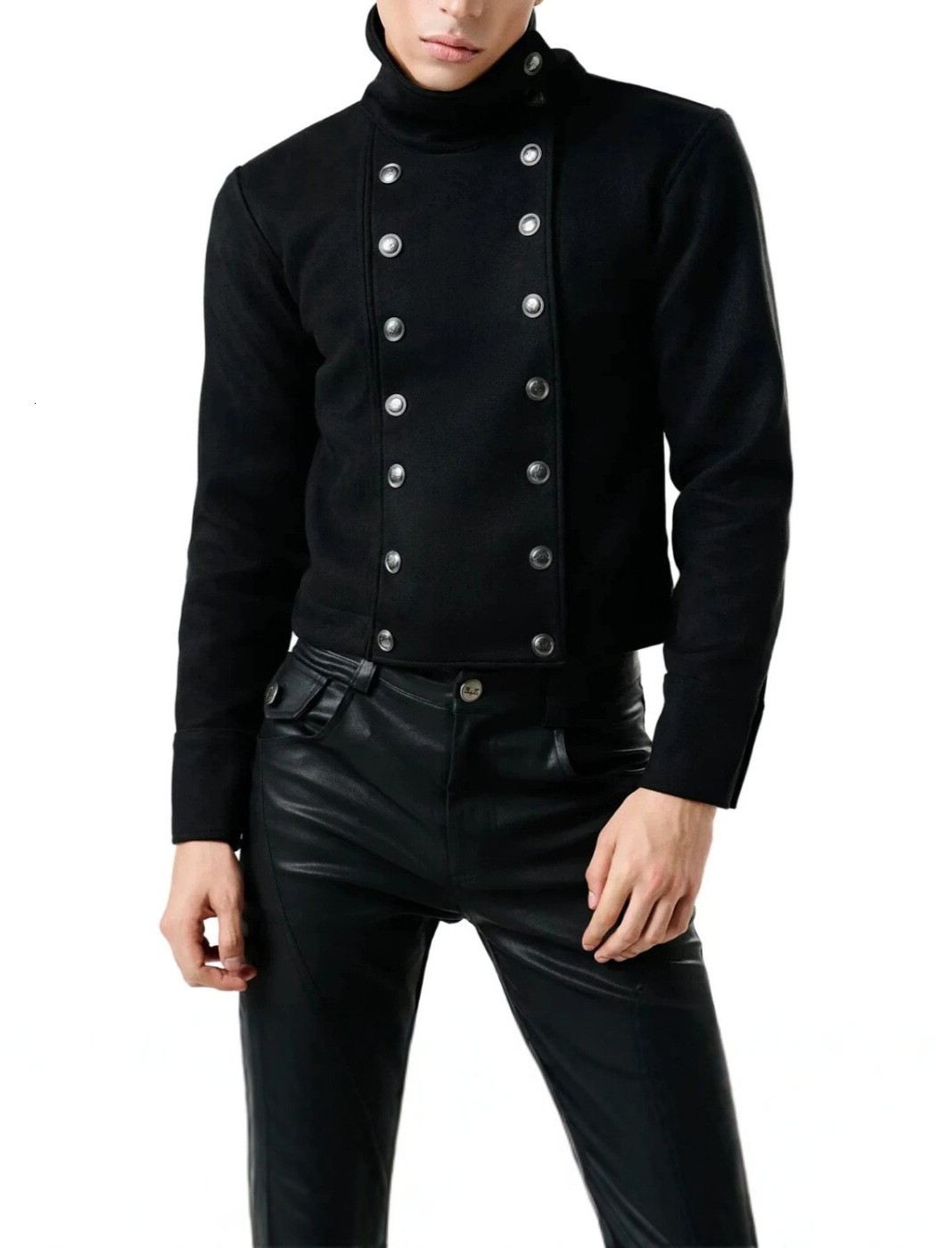 Cross-border retro court-style double-breasted short jacket women, featuring stand-up collar, diagonal buttons, and distressed black finish, perfect