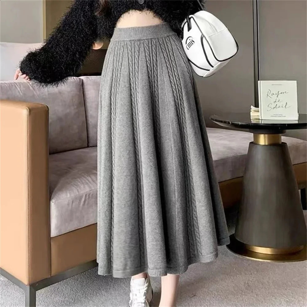 Autumn Winter Women Skirts Twist Elastic High Waist Female Midi Long A-Line Knitted Skirts Korean Style Loose Skirt 260917