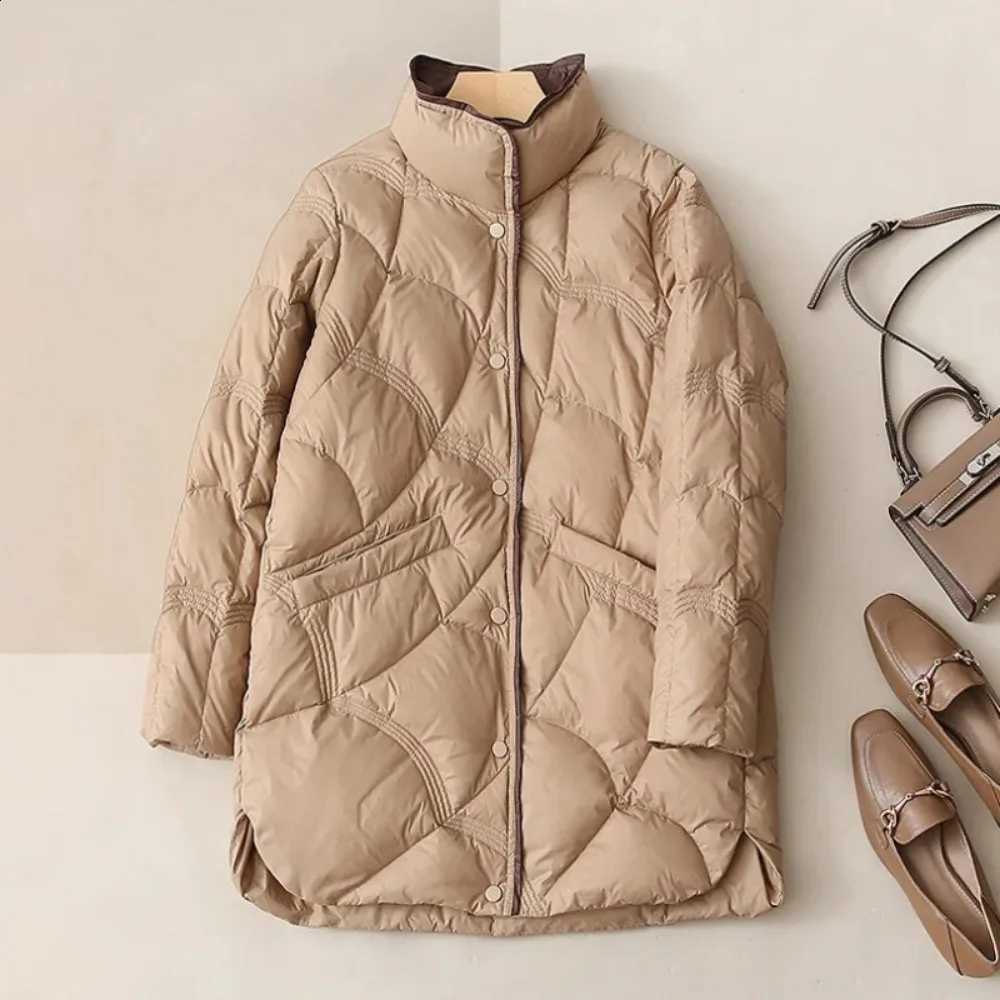 2024 Winter New Fashion Stand Collar X-Long Women Down Jackets Female Casual Loose Ultra Lightweigh White Duck Down Warm Coat H260917