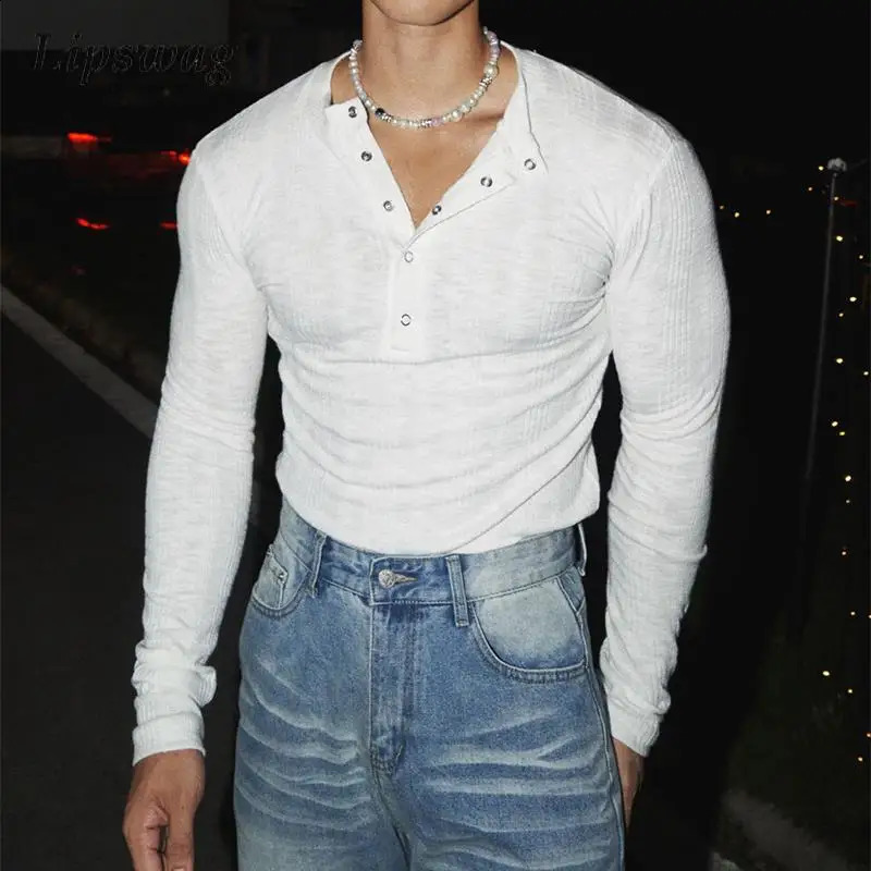 Spring Stylish Knitting Henley Shirts Men Long Sleeve Buttoned Slim T Shirt Vintage Mens Solid Color Textured Knit Jumpers 260917
