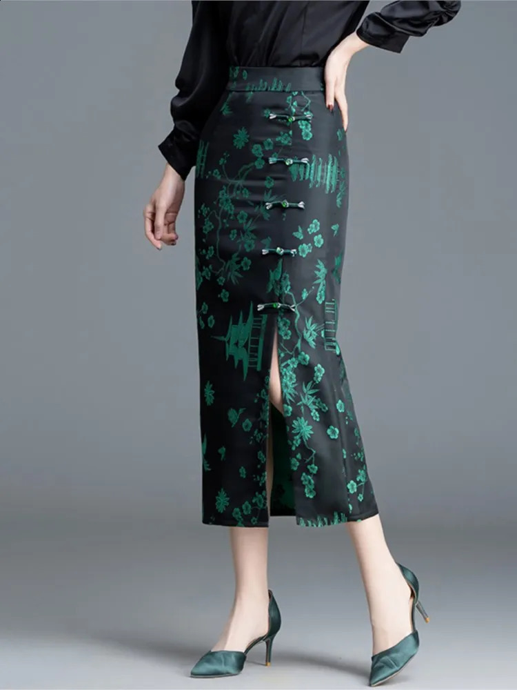 ZUZK Spring Autumn Chinese Style Fashion Vintage Jacquard Skirt Elastic Waist Satin Slim Fit Split One Step Skirt 260917