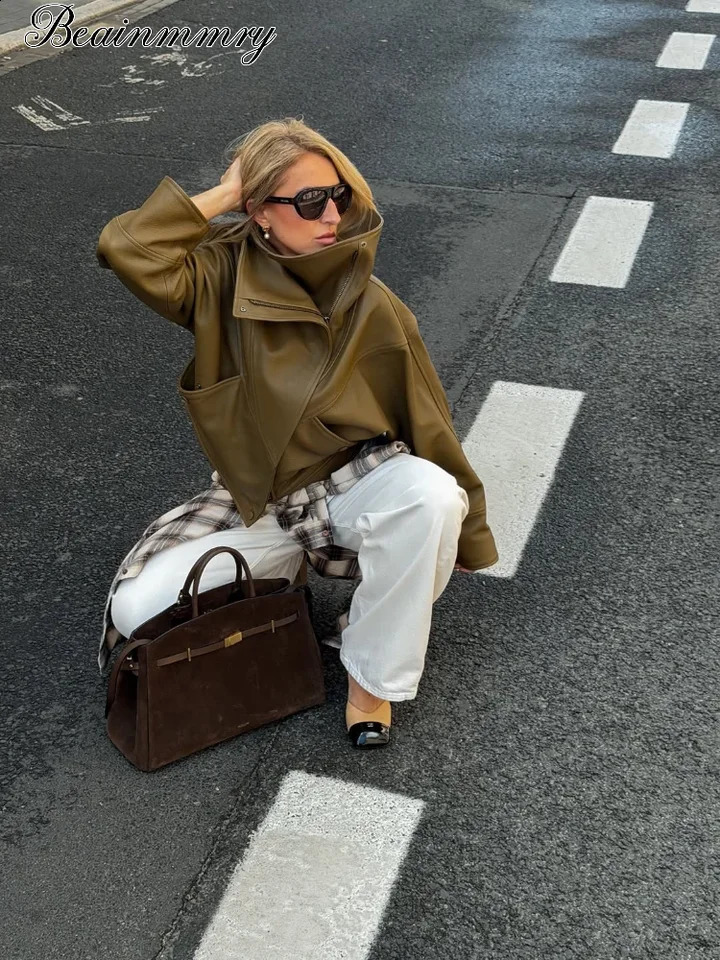 Army Green Stand Collar Short Pu Leather Jacket Women Loose Fit Oversized Crop Chic Streetwear Trendy Lady Casual Daliy Outwear 260917