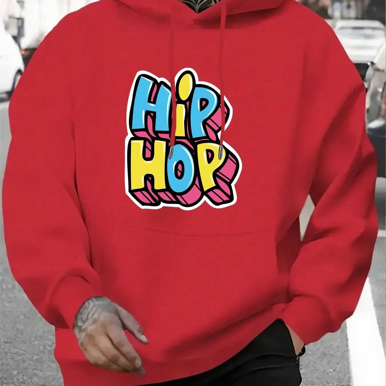 Men's Vintage Hip Hop Graphic Hooded Sweatshirt - Heavyweight 100% Polyester Streetwear Pullover with Bold HIP HOP Lettering S260918JDWA