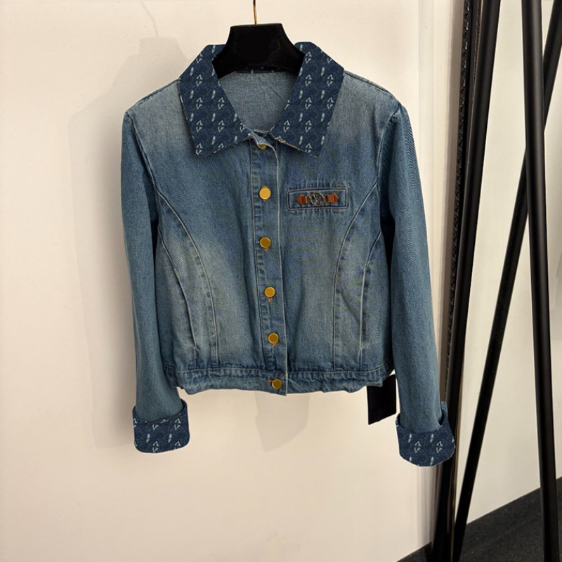 Women Vintage Washed Jean Jacket Designer Print Lapel Collar Slim Fit Long Sleeve Denim Coat Y2K Style Cropped Jackets