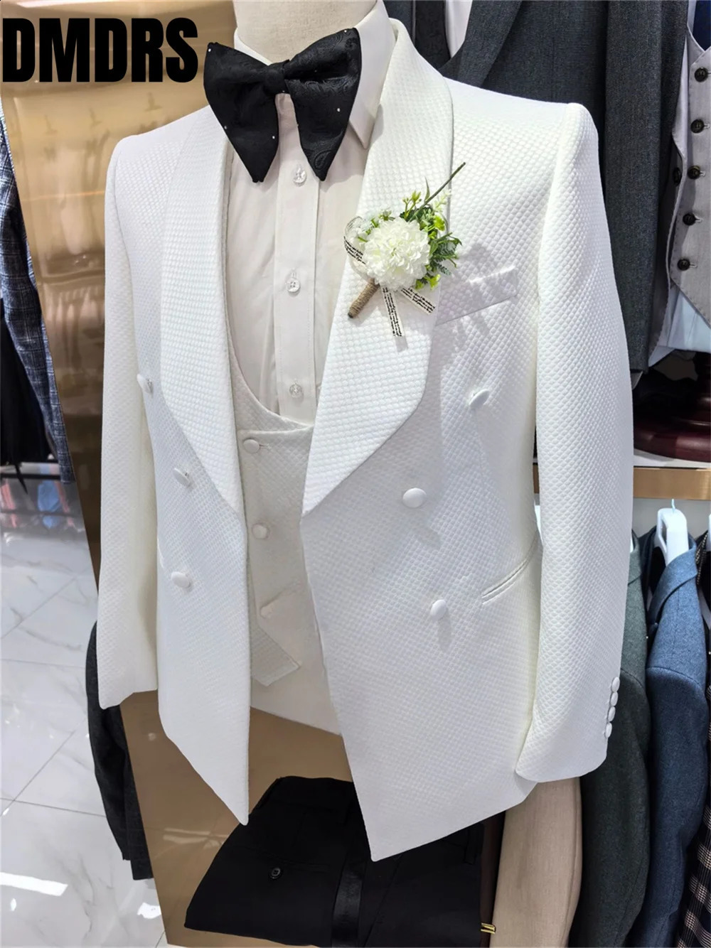 Elegant Jacquard Mens Suit set For Formal Office Classic Single Breasted Handsome White Wedding Host 260918