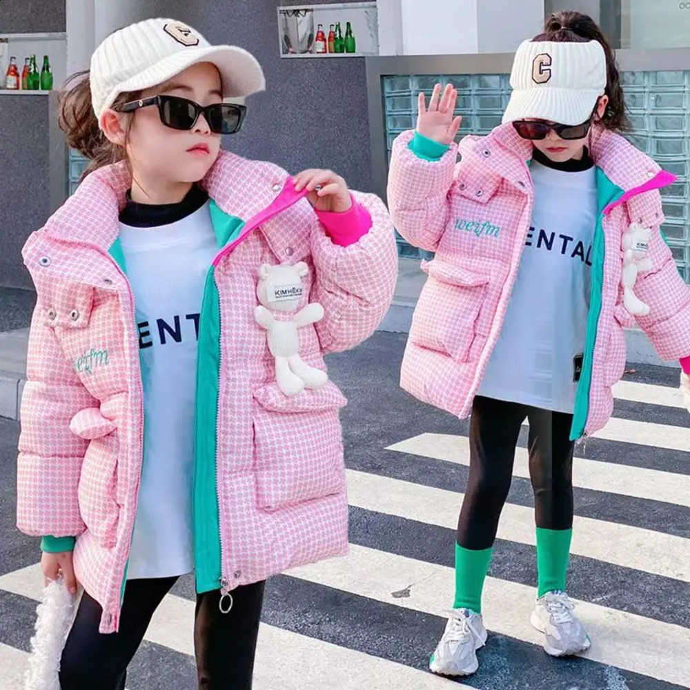 2025 4-12 Years Girls Jacket Winter Lattice Lining Plush Thick Keep Warm Hooded Parkas For 4-12Years Kids Down Cotton OvercoatW260917