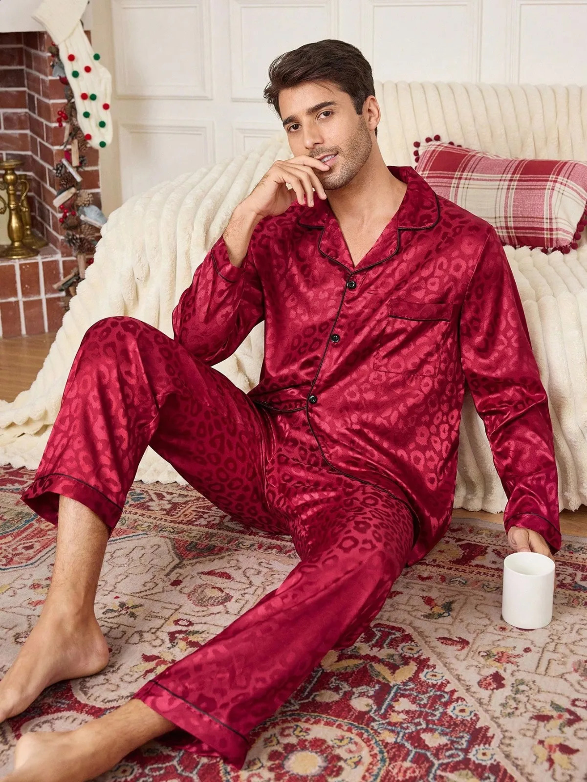 Autumn Winter Mens Silk Satin Pyjamas Wine Red Leopard Pattern Soft Comfort Long Pants Pajama Set Men Holiday Nightwear Suit 260917