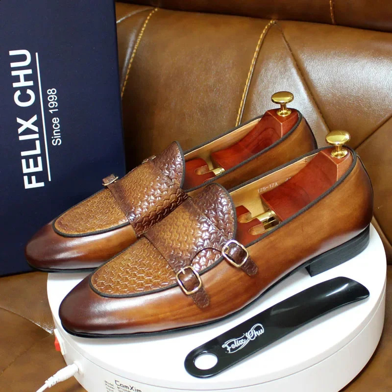 Men's Genuine Leather Loafers Metal Buckle Monk Shoes Casual Business Dress Gentleman Wedding Party Formal Shoes 260917