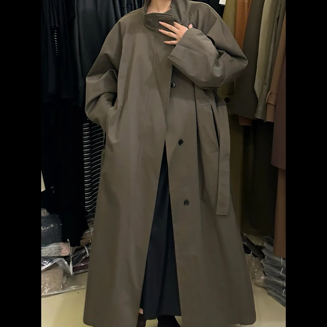 SuperAen 2026 Spring and Autumn Office Lady Solid Color Simple Stand-Up Collar Coat for Women Oversize Long Coat 260917