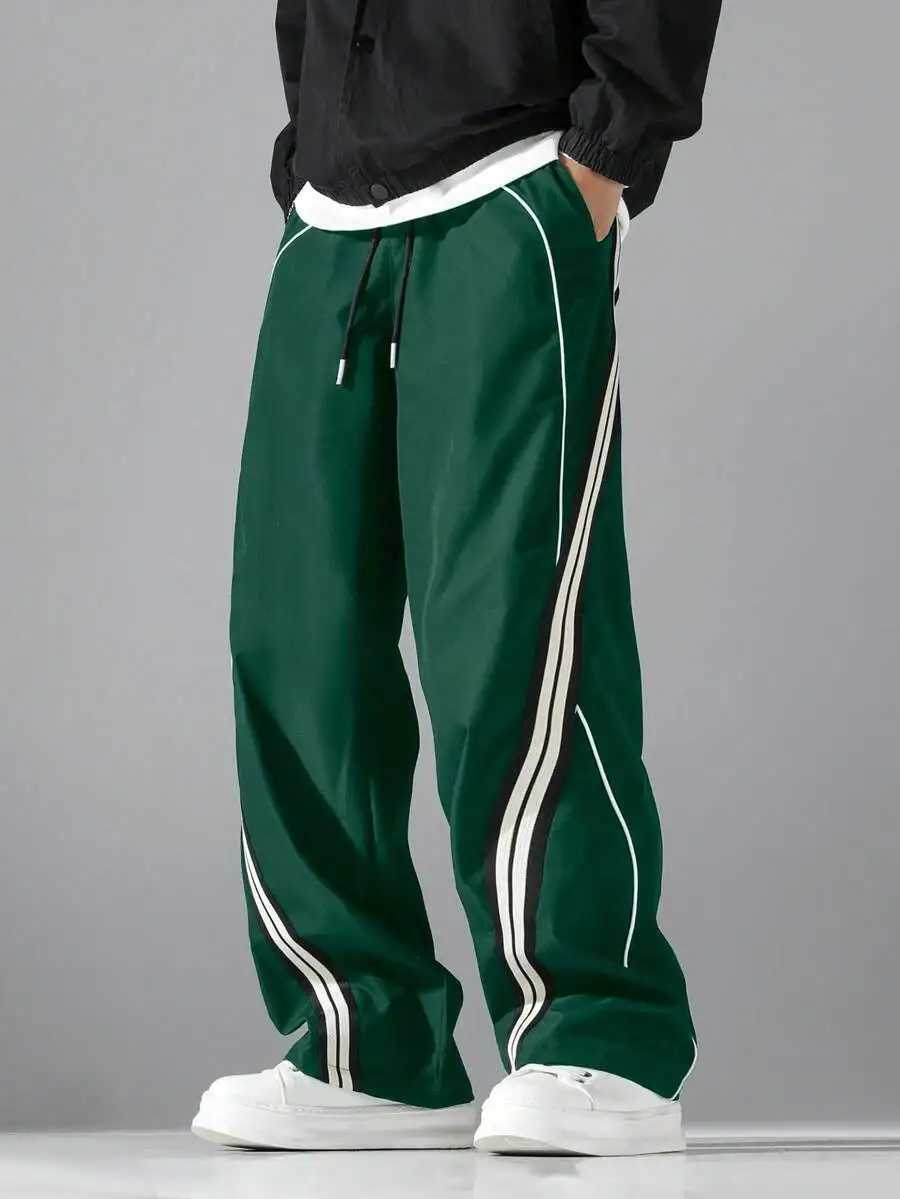 1pc Fashionable Sporty Casual Straight Loose Wide-Leg Pants Featuring Stylish Ribbed Tape Inserts Contrast Binding Design Q260917