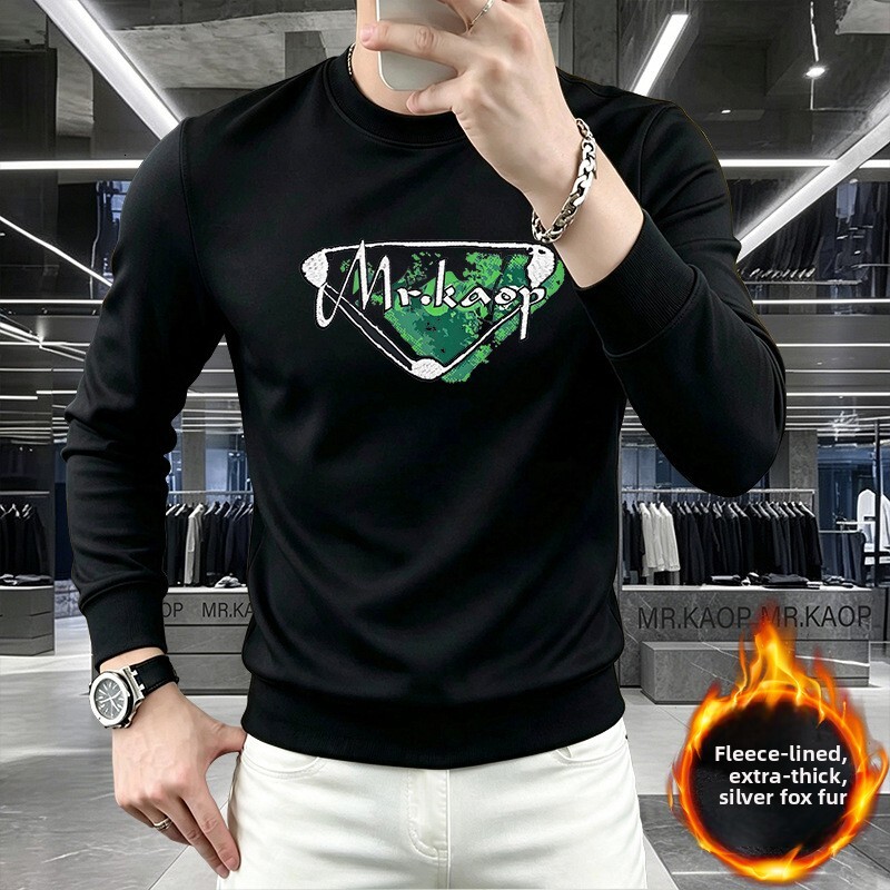 High-End Brand, Fashionable European-Style Men's Round-Neck Fleece-Lined Sweatshirt, Warm And Cold-Resistant, American-Style Casual Wear