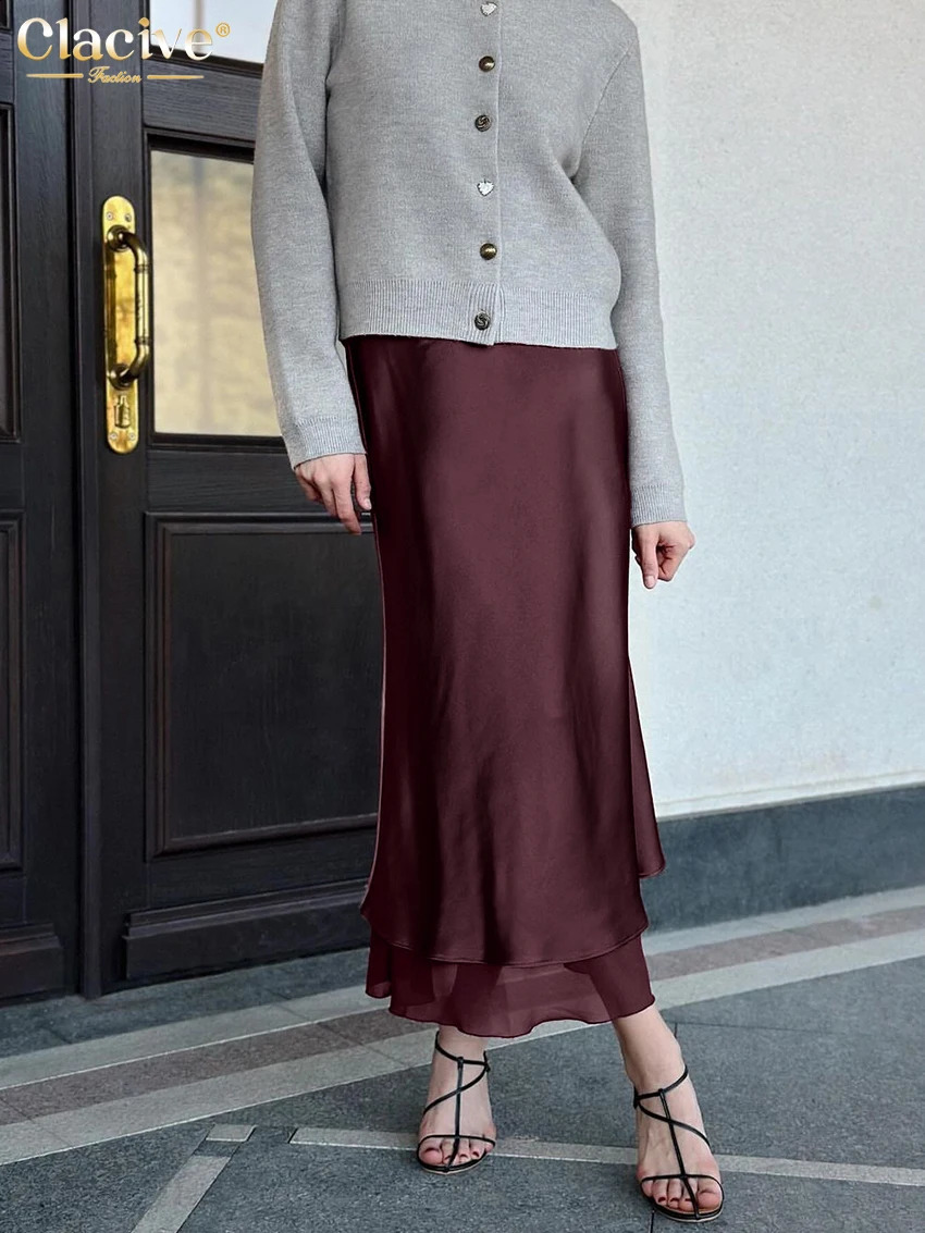 Clacive Fashion Loose Wine Red Satin Skirt For Women 2025 Casual High Waist Midi Skirts Elegant Classic Patchwork Skirt Female 260917