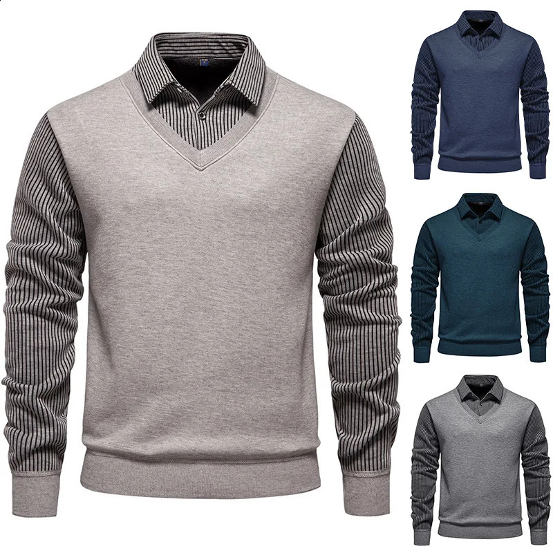 Autumn Winter Two Piece Shirt Collar Sweater Men Long Sleeved Striped Button Slim Fleece Polo Shirt Pullover Top MY1107 260917
