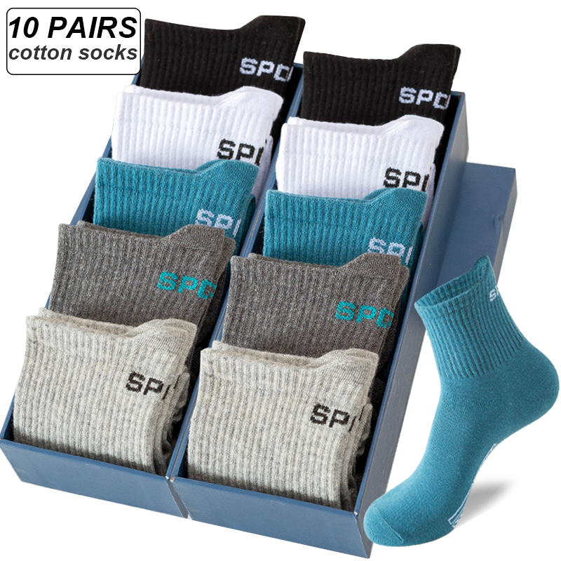 10Pairs Men Organic Cotton Breathable Sports Socks Black Casual Athletic New Spring Summer for Male Plus Size EUR38-45 J260918