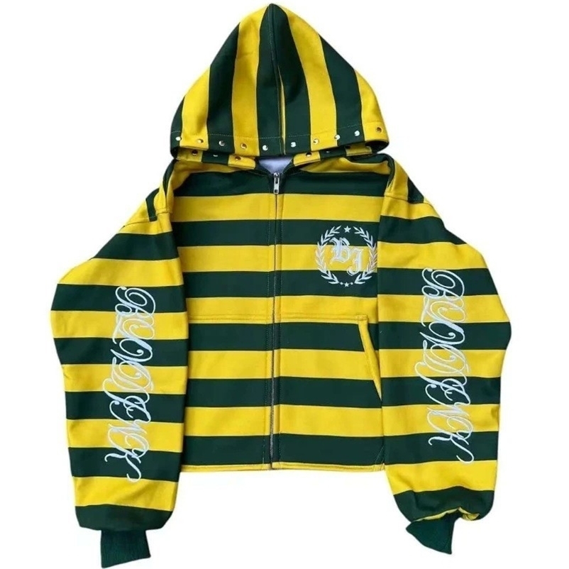 Y2K Retro Zipper Hoodie Stripe Rivet Letter Embroidery Pattern Sweatshirt Men HipHop Fashion Streetwear Unisex Women Clothes 260917