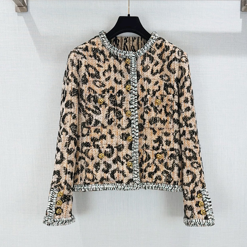 Leopard Tweed Jackets Women Fringe Trim Round Neck Cropped Jackets Chic High End Vintage Party Midi Straight Skirts for Women