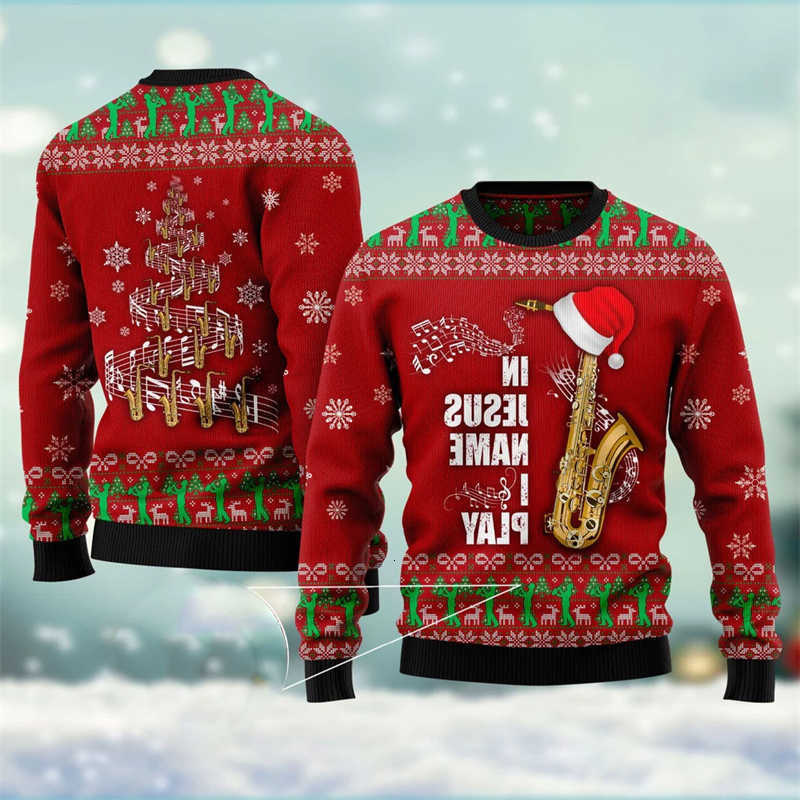 Music Christmas hoodie Merry Christmas Party Funny Ugly Sweater For Men Violin Saxophone Graphic Festival Gift Sweatshirts New Year Pullover Top C26