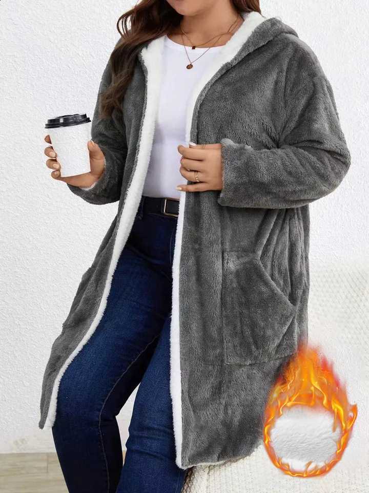 Hooded Women Lined Fuzzy Fleece Long Open Cardigan Warm Sherpa Trim Mid Length Coat With Side Pockets Loose Winter Outerwear H2609171